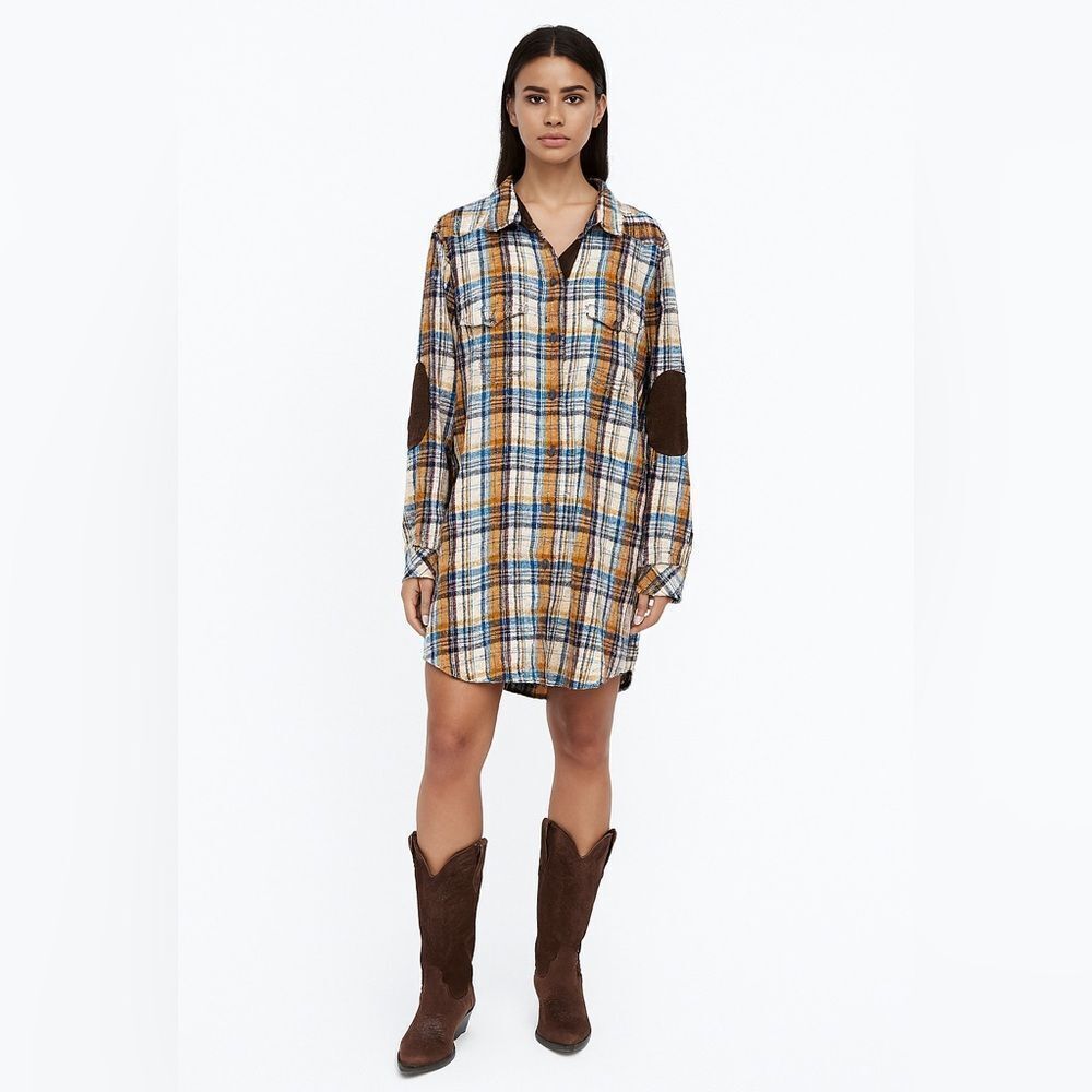 KAVU Plaid Long Shirt Dress XL Flannel Outdoor Western Elbow Patch Tunic Button